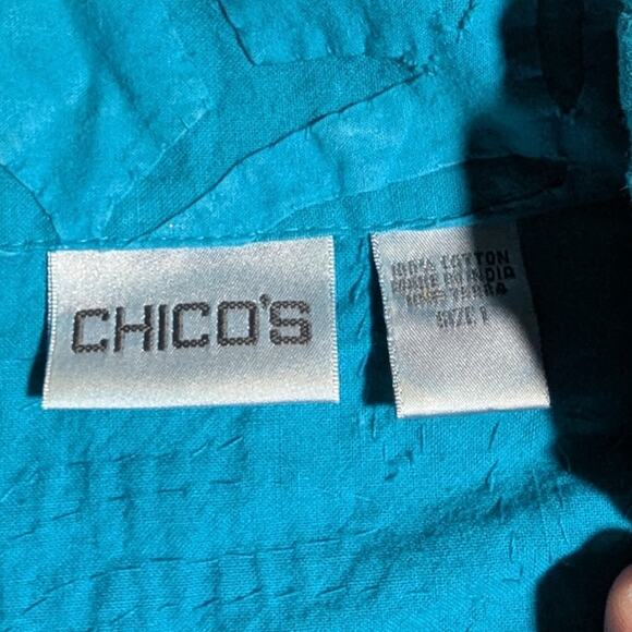 Vtg 1990s Chico's Turquoise Blue Textured Fabric Collared Trucker Jacket 1 M - Picture 5 of 5